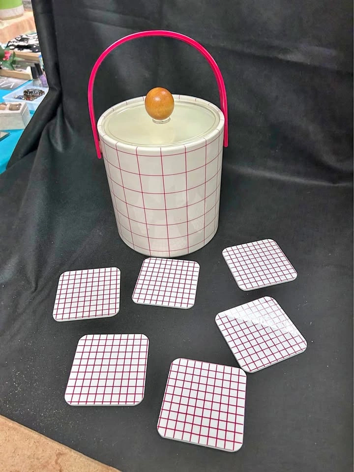 Vintage Mid-Century Ice Bucket with Matching Coasters (Set of 7)