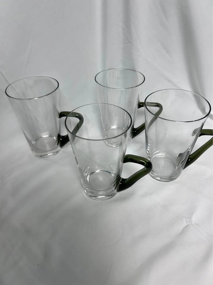 Vintage Clear Glass Mugs with Olive Green Handles – Set of 4