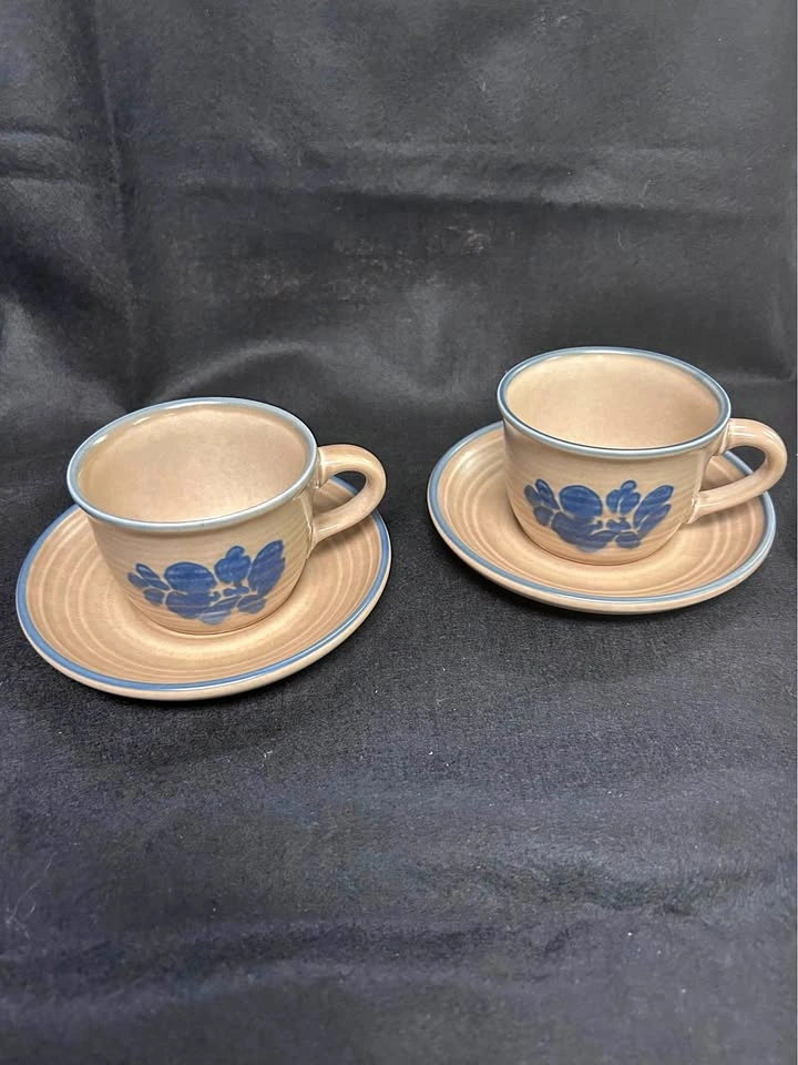 Pfaltzgraff Folk Art Blue Cup & Saucer Set – 2 Cups & 2 Saucers