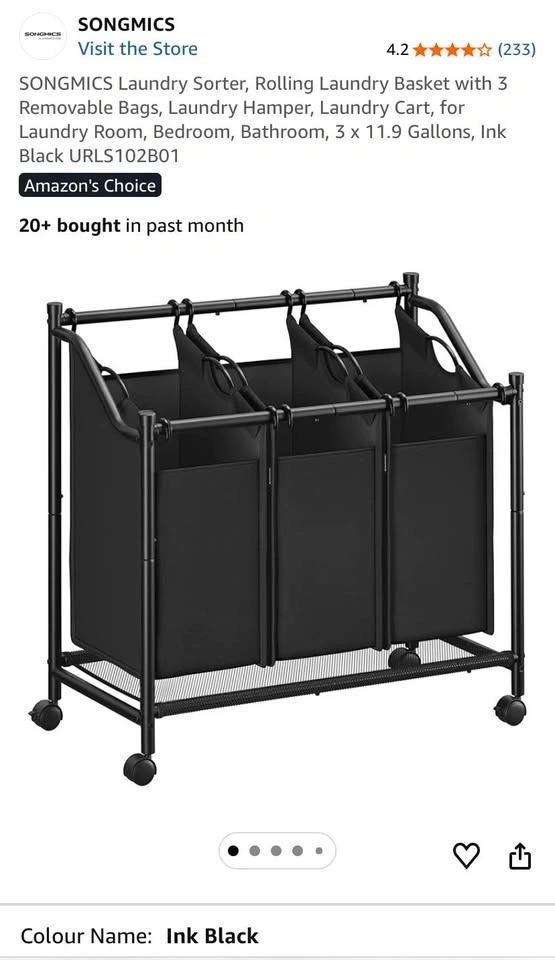 SONGMICS Rolling Laundry Sorter with Removable Black Bags | Bran - photo 3