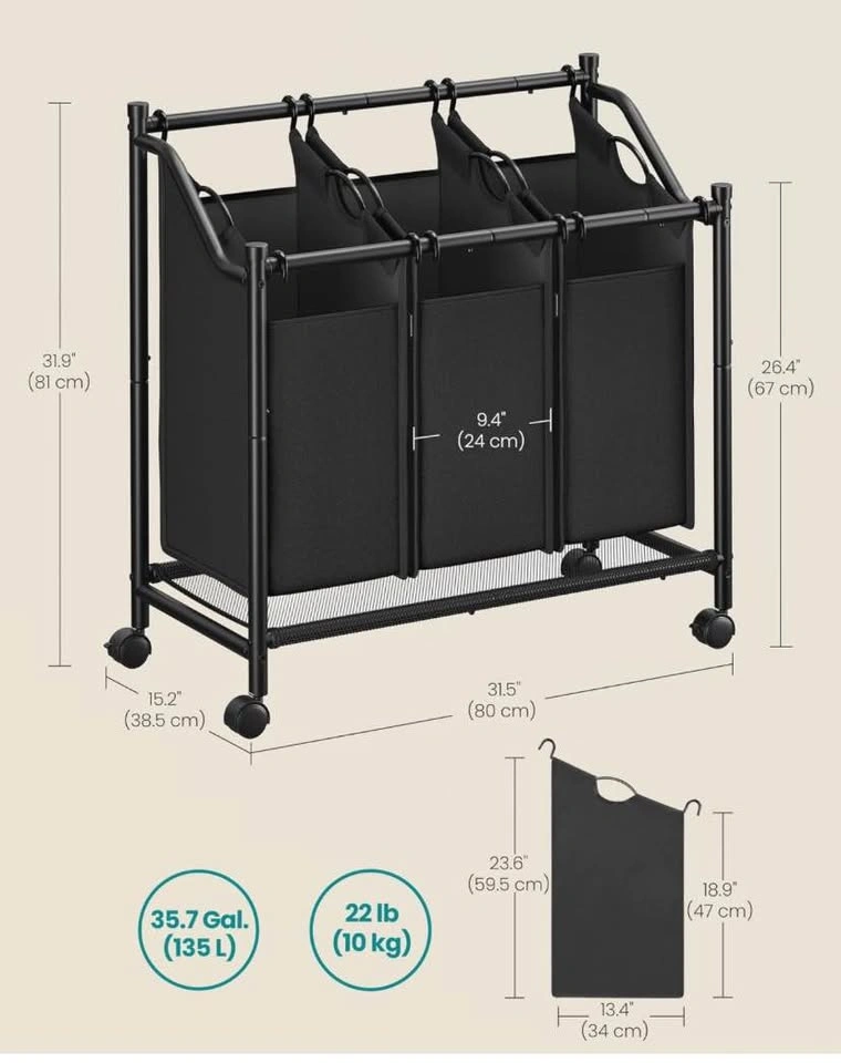 SONGMICS Rolling Laundry Sorter with Removable Black Bags | Bran - photo 4