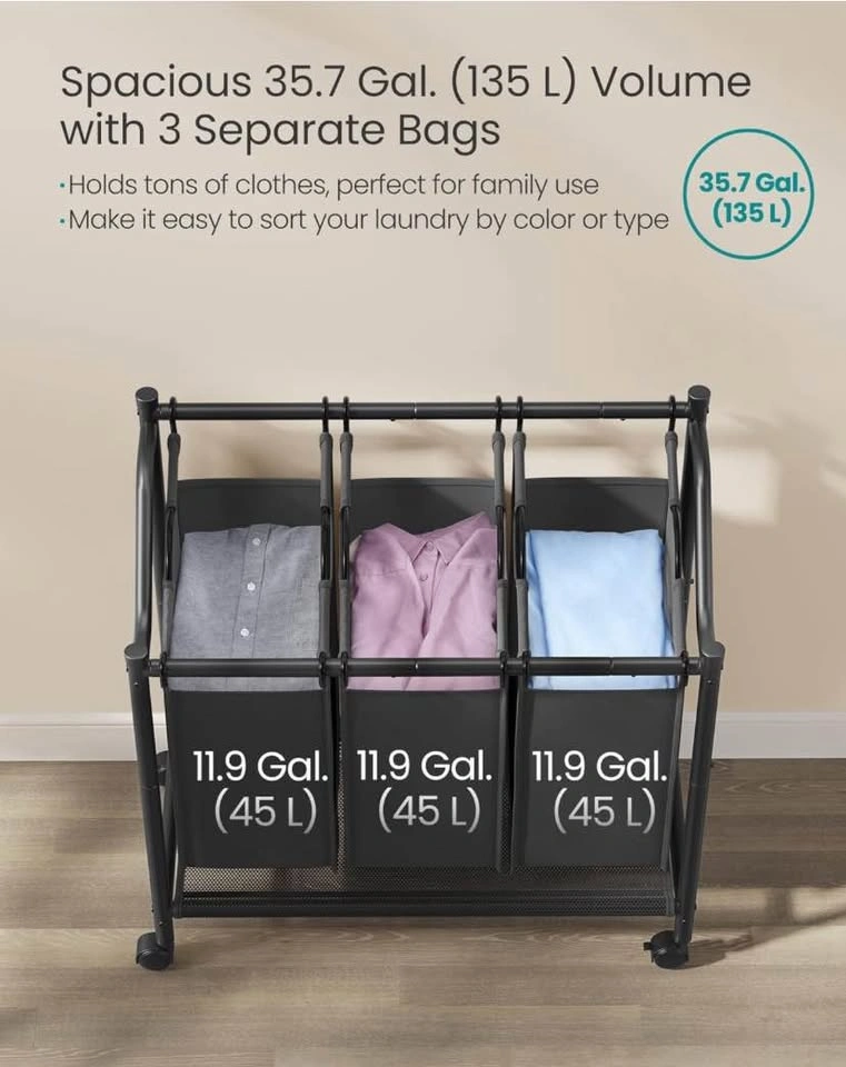 SONGMICS Rolling Laundry Sorter with Removable Black Bags | Bran - photo 5