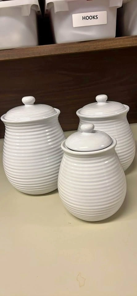 Set of 3 White Ribbed Ceramic Canisters with Lids