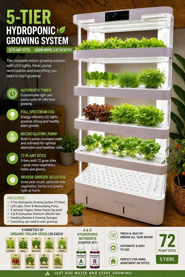 5-Tier Indoor Smart Hydroponic Growing System + Seeds & Nutrient