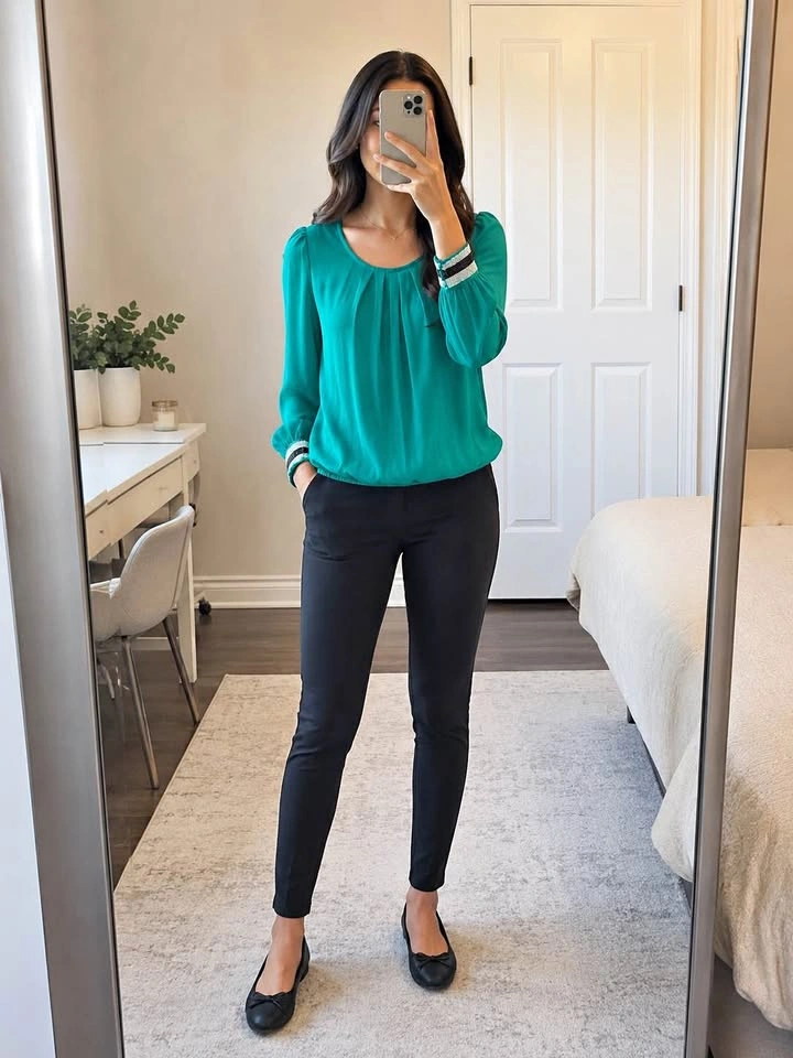 Black Jeggings and Green Sequin Sleeve Top