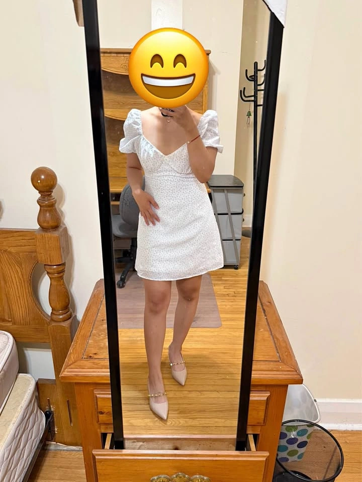 H&M white blue floral puff sleeve mini dress (Size: S)