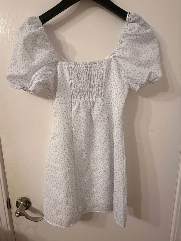H&M white blue floral puff sleeve mini dress (Size: S) - photo 4