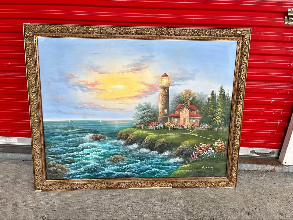 Rare C. Jaffey Original Oil Painting Framed Lighthouse / Cottage