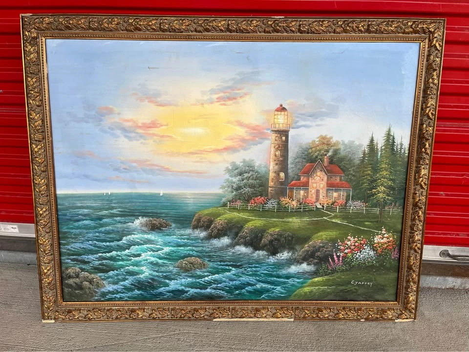 Rare C. Jaffey Original Oil Painting Framed Lighthouse / Cottage - photo 2