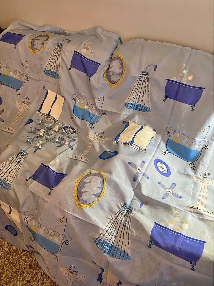 Blue Bathroom Themed Shower Curtain and Hooks