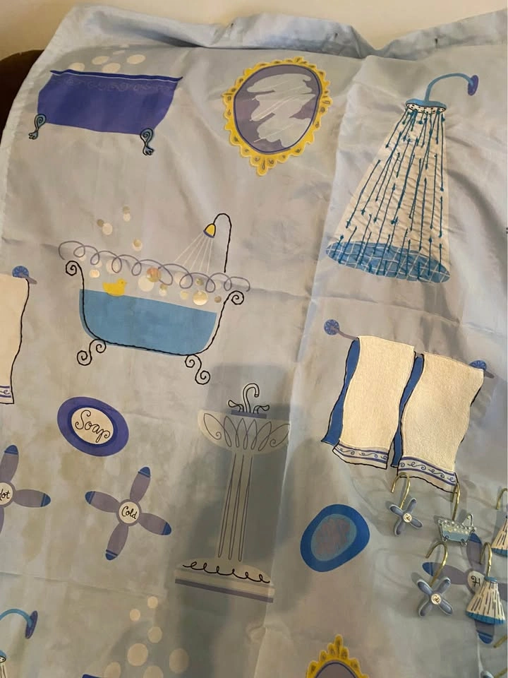 Blue Bathroom Themed Shower Curtain and Hooks - photo 4