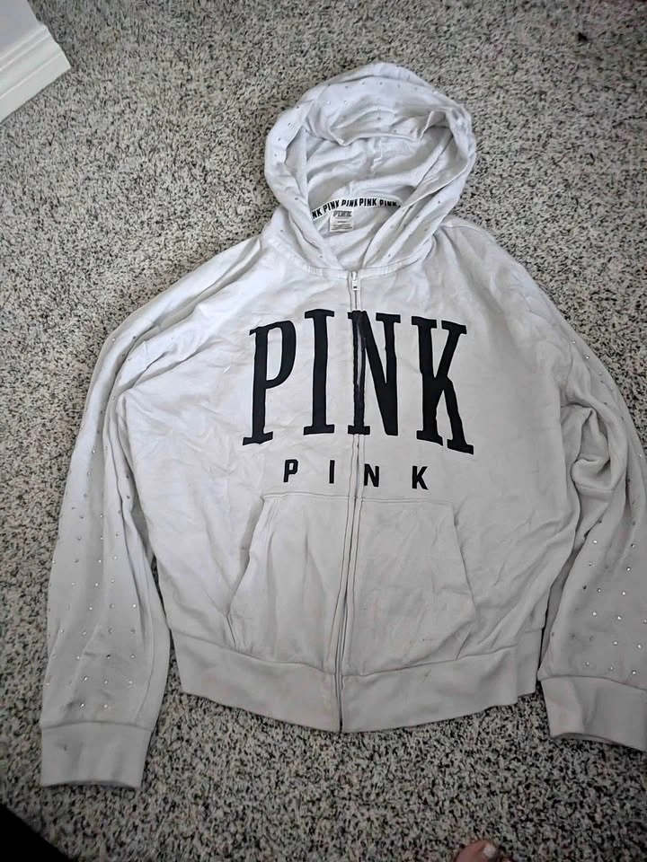 Vintage white PINK brand hoodie with rhinestones