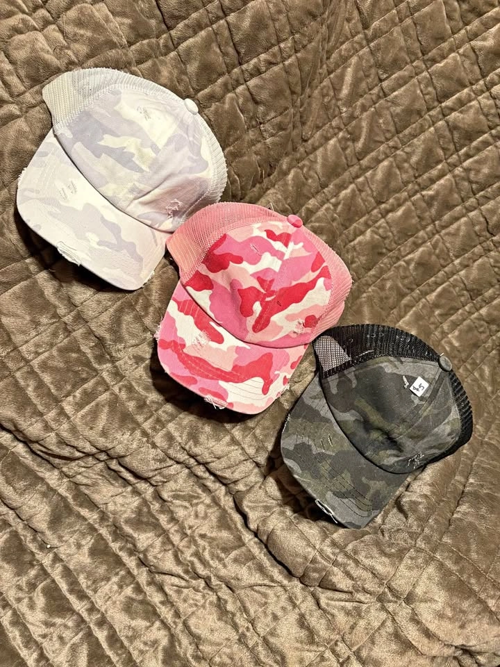 Kids Camouflage Distressed Ponytail Hats - NEW