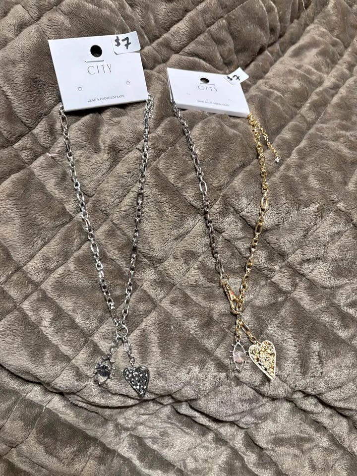 Mixed Metal Heart and Eye Charm Necklace