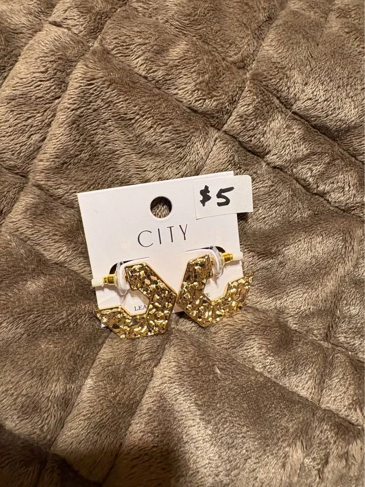 Gold Textured Geometric Hoop Earrings - NEW - photo 2