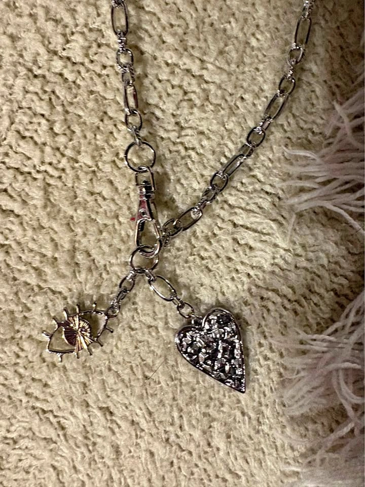 Silver Chain Necklace with Heart and Eye Charms - NEW