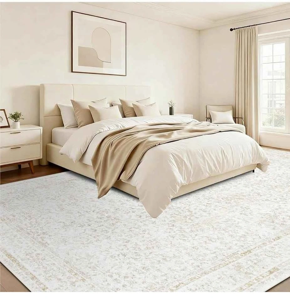 9'x12' Boho Living Room Rug - Low Pile Non-Slip Floral Beige