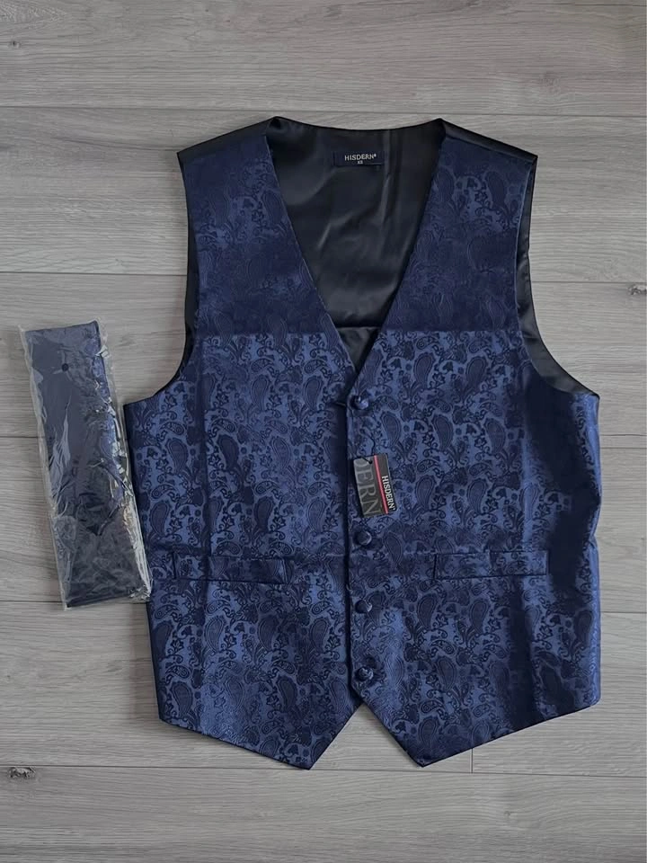 Navy Suit Vest, Necktie, and Pocket Square