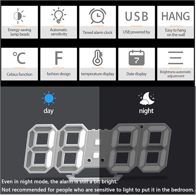 NEW Digital Alarm Clock, 3D Modern LED Wall Clock 24/12 - photo 4