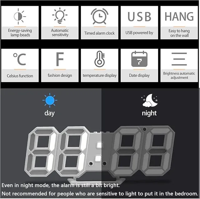 NEW Digital Alarm Clock, 3D Modern LED Wall Clock 24/12 image indicator(4)