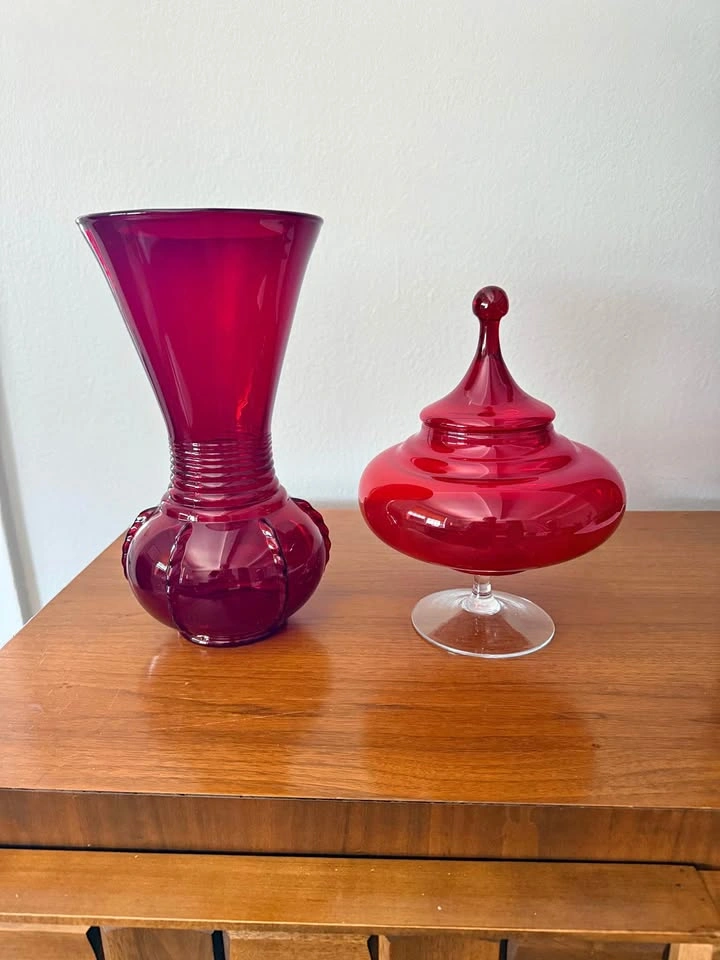 Vintage Mid-Century Empoli Italian Ruby Red Art Glass Set