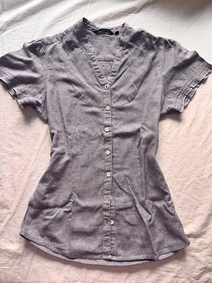 Fitted Grey Micro-Check Button-Up Blouse