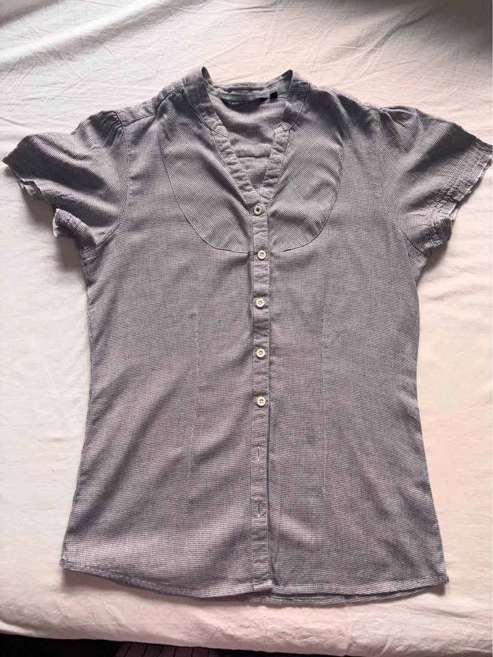 Fitted Grey Micro-Check Button-Up Blouse - photo 2