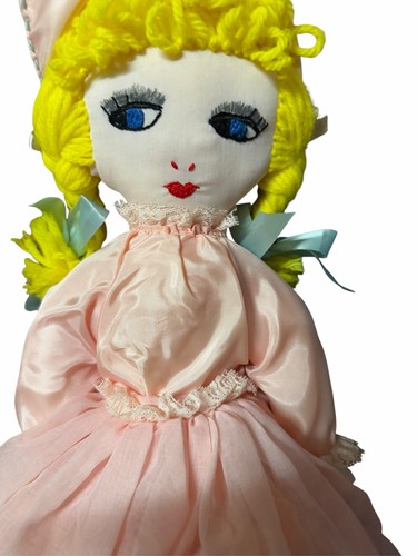 Handmade Cloth Rag Doll Yellow Yarn Hair Blue Embroidered Eyes
