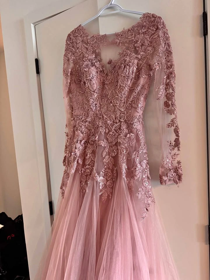 Dusty Rose Long Sleeve Lace and Tulle Evening Gown size 6