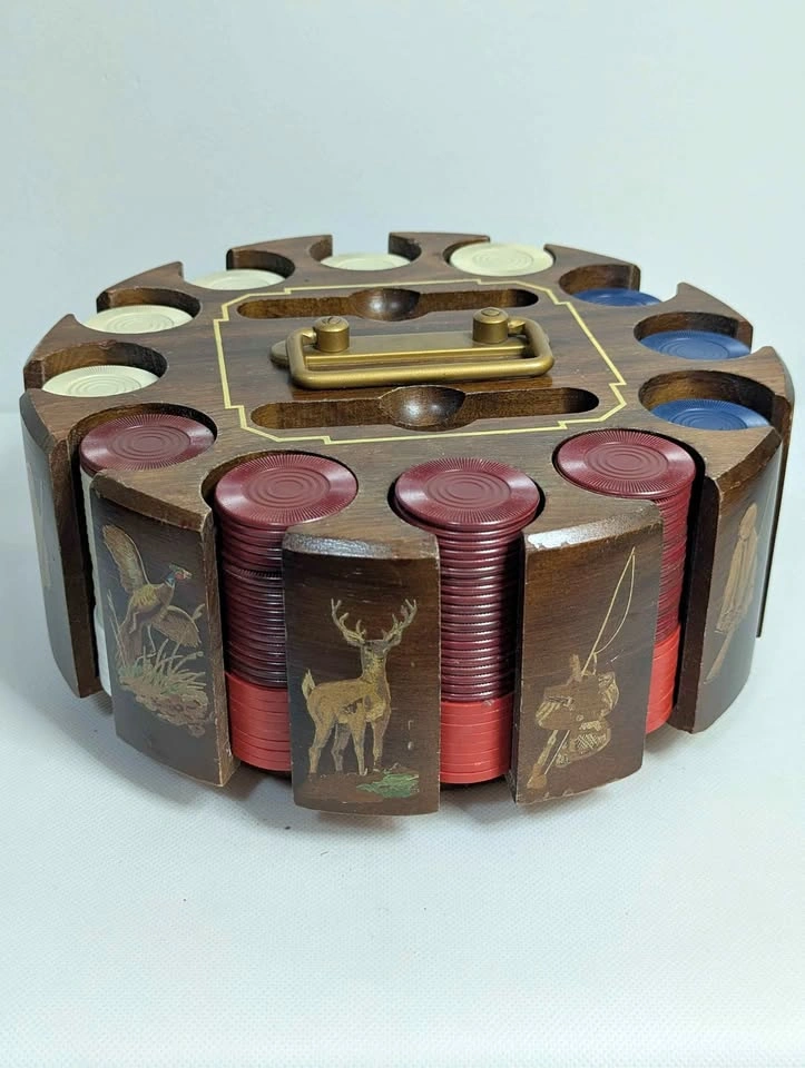 Vintage Wooden Wildlife Poker Chip Carousel with Chips by Drueke