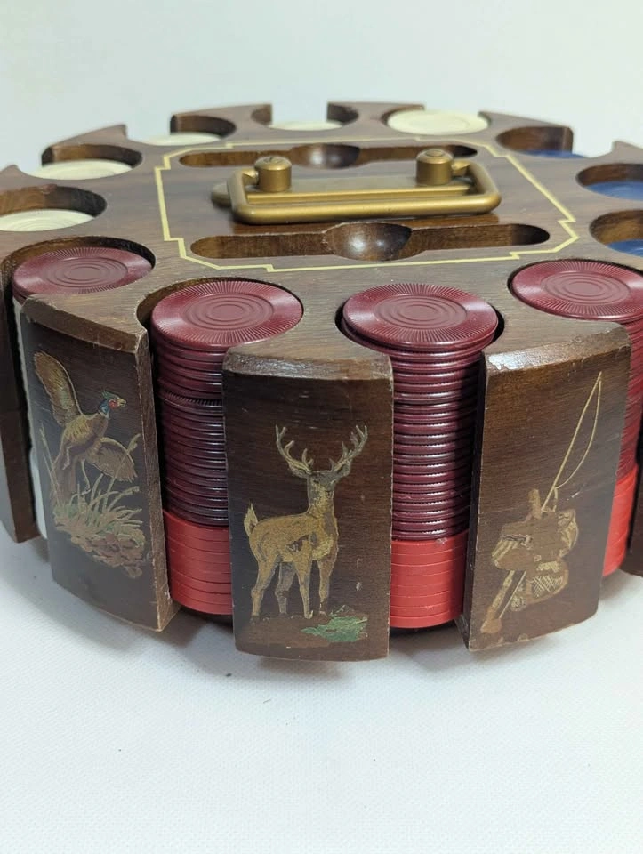 Vintage Wooden Wildlife Poker Chip Carousel with Chips by Drueke - photo 2