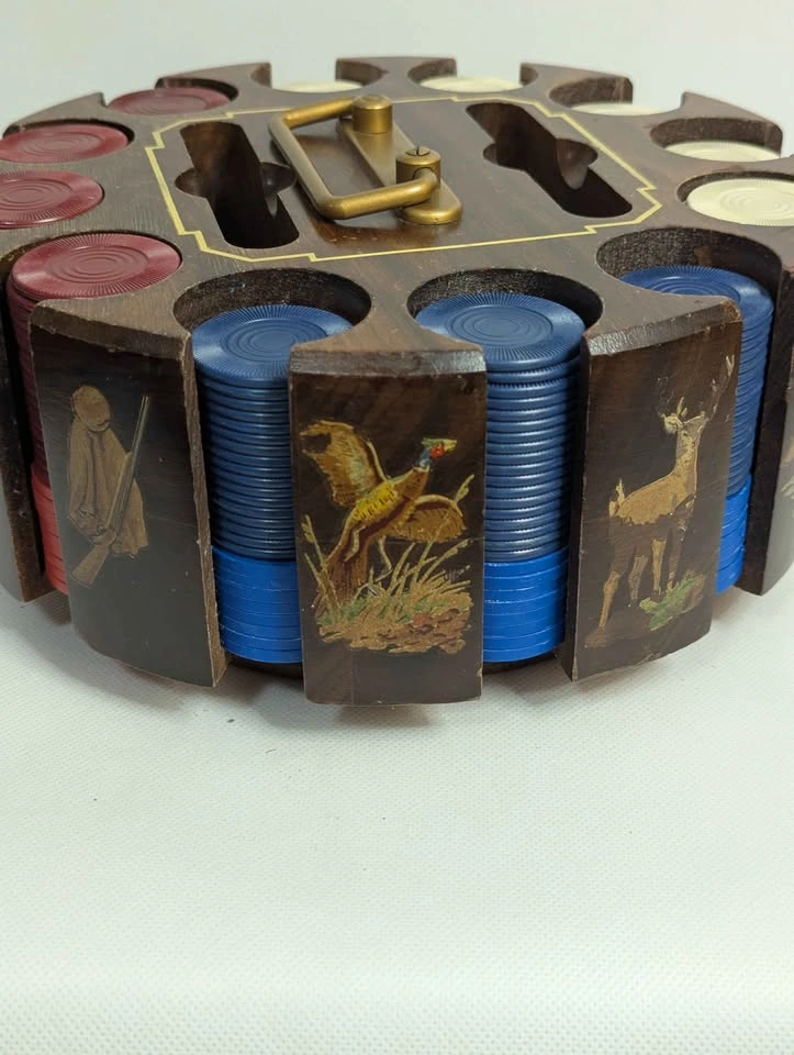 Vintage Wooden Wildlife Poker Chip Carousel with Chips by Drueke - photo 3