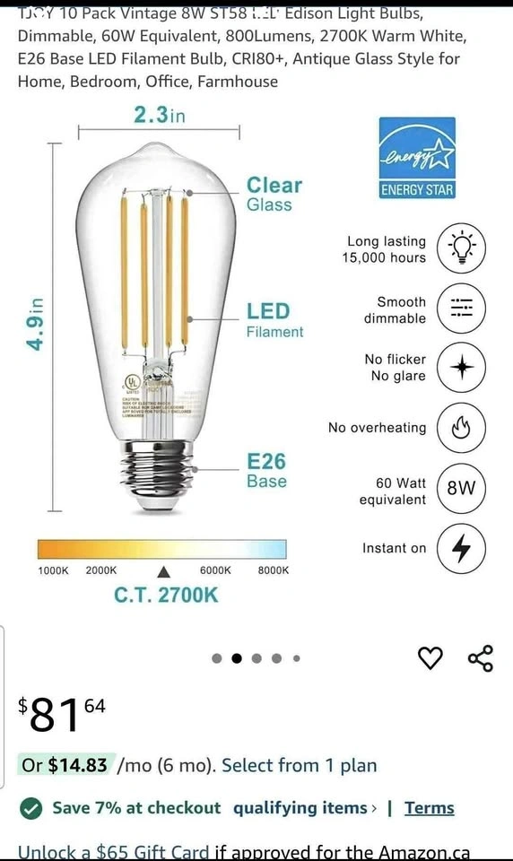 TJOY 10 Pack Vintage 8W ST58 LED Edison Light Bulbs