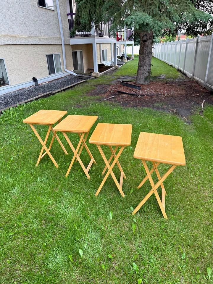 Solid Oak Wooden TV Tray Tables with Storage Stand – Set of 4