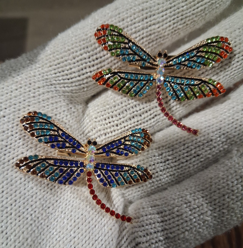 Dragonfly Brooch Pin Pair Multicolor Crystal Rhinestones