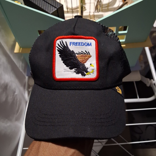 Freedom Eagle Patch Trucker Hat Black Graphic Print Mesh Back