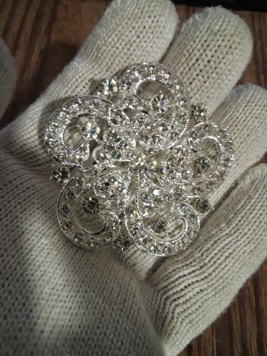 Silver Tone Flower Brooch Pin Clear Rhinestone Filigree