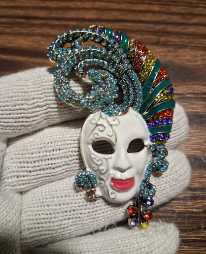 Multicolor Enamel Mask Brooch Pin Round Rhinestone Carnival