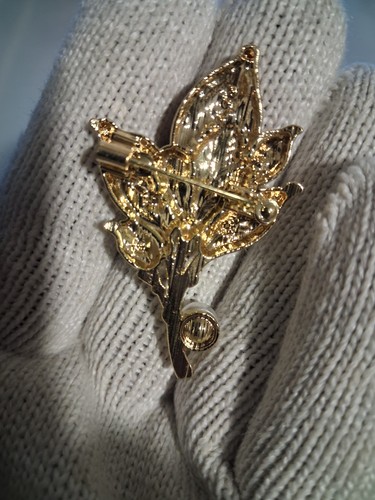 Gold Tone Leaf Brooch Pin Purple Enamel Faux Pearl Dangle - photo 2