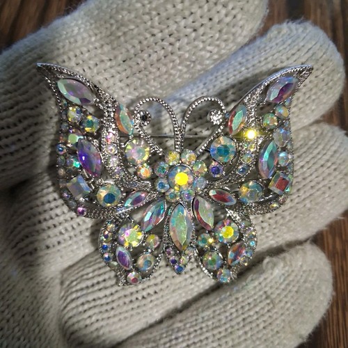 Butterfly Rhinestone Crystal Cluster Brooch Pin Silver Tone Mult