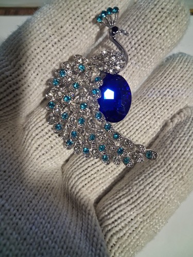 Peacock Brooch Pin Silver Tone Blue Oval Crystal Rhinestone