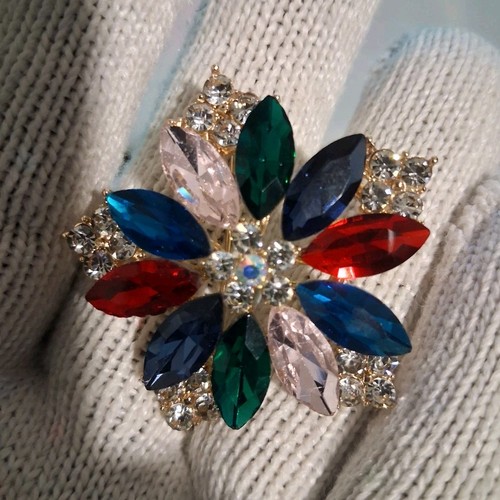 Gold Tone Flower Brooch Pin Multicolor Marquise Rhinestone Clust
