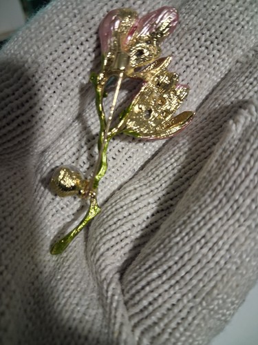 Gold Tone Pink Enamel Flower Brooch Pin White Imitation Pearl Cr - photo 2