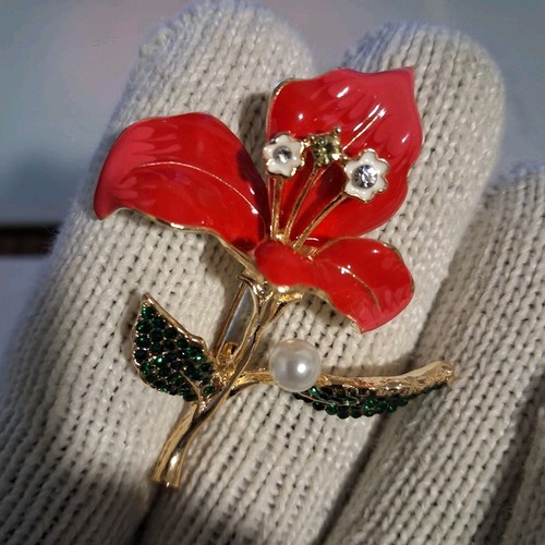 Gold Tone Red Enamel Flower Brooch Pin Faux Pearl Rhinestones