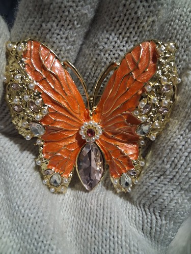 Butterfly Brooch Pin Gold Tone Orange Enamel Clear Crystal Faux