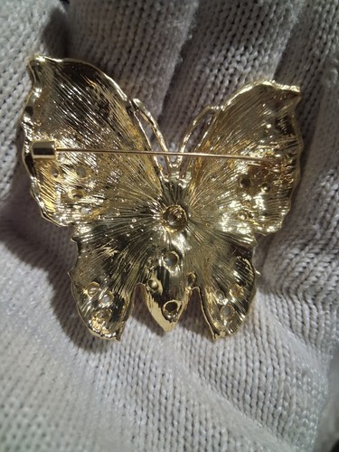 Butterfly Brooch Pin Gold Tone Orange Enamel Clear Crystal Faux - photo 2