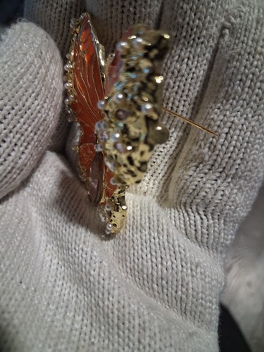 Butterfly Brooch Pin Gold Tone Orange Enamel Clear Crystal Faux - photo 3