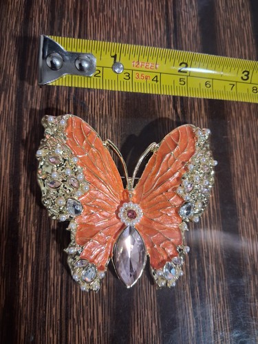 Butterfly Brooch Pin Gold Tone Orange Enamel Clear Crystal Faux - photo 4