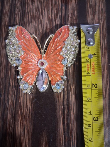 Butterfly Brooch Pin Gold Tone Orange Enamel Clear Crystal Faux - photo 5
