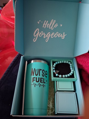 Nurse Fuel Turquoise Gift Basket Box w/ Bracelet & Card